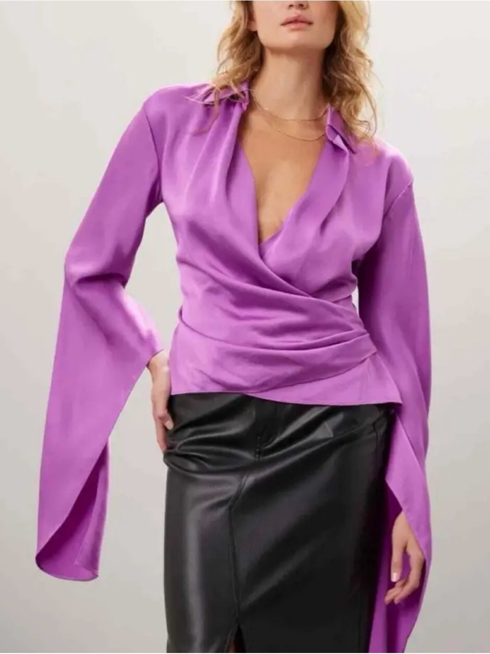 SIMKHAI Paradisa Purple Satin Wrap Top Size 6 Split Statement Sleeves